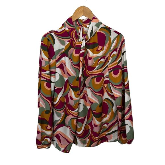 Pleione Groovy Swirl Printed Blouse w/ Twisted Keyhole Neckline Size Large New - Picture 1 of 7